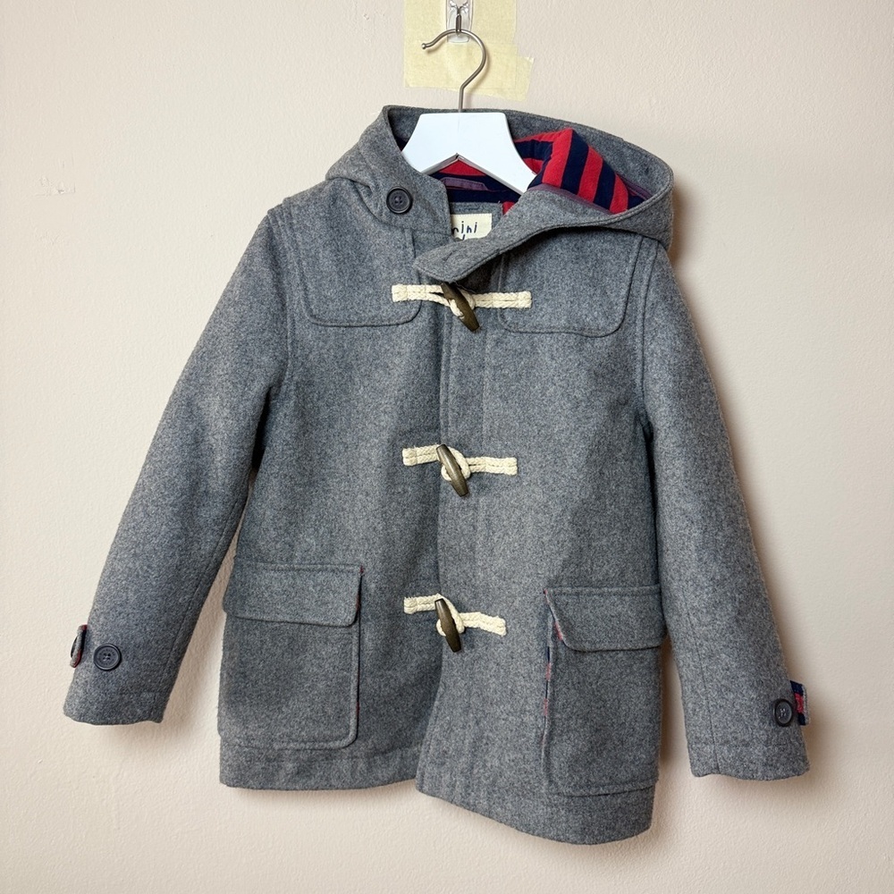Boden Kids Gray Hooded Toggle Button and Zip Wool Lined Pea Coat. 4/5